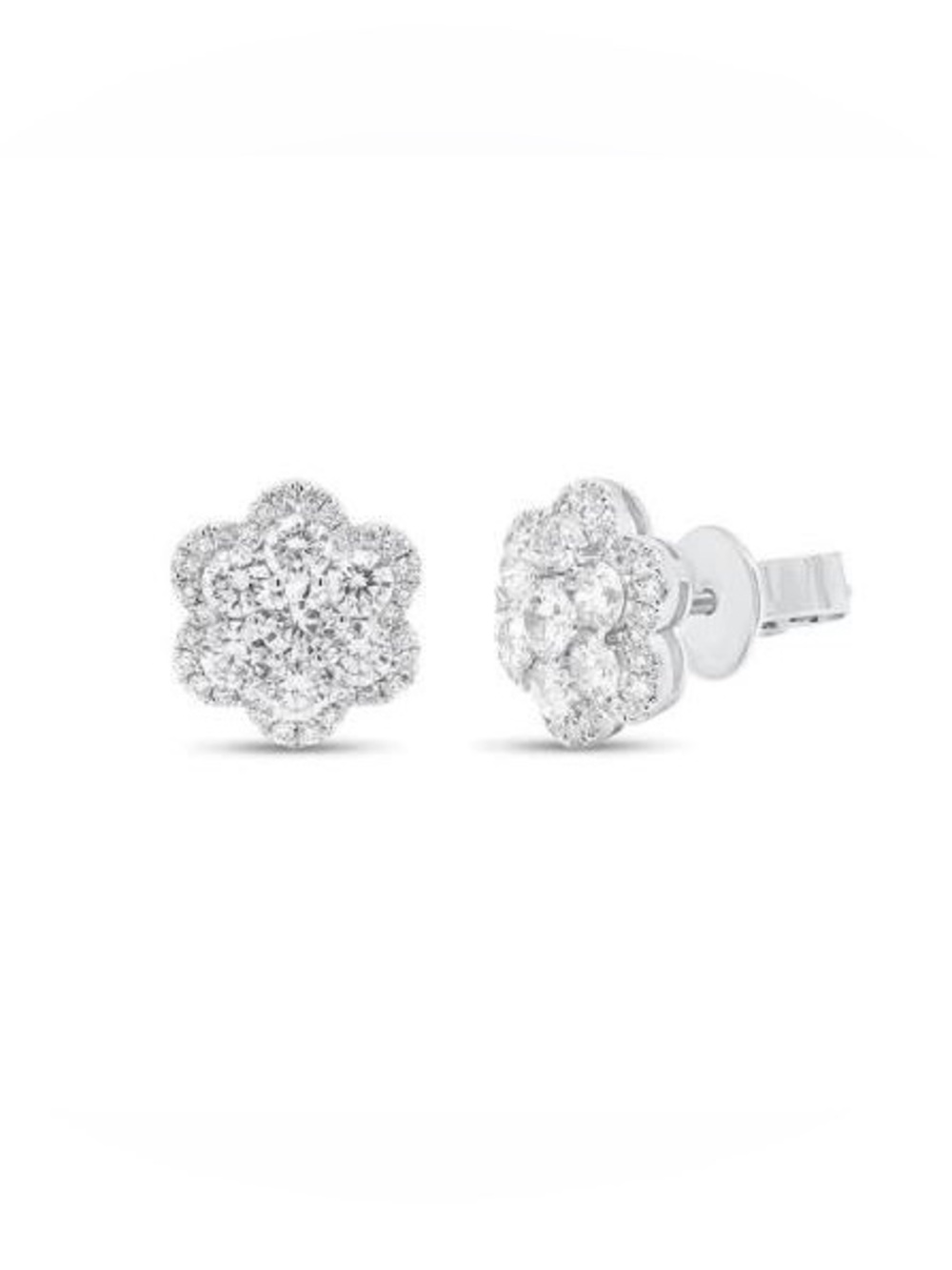 Diamond Cluster Flower Stud Earrings in White Gold